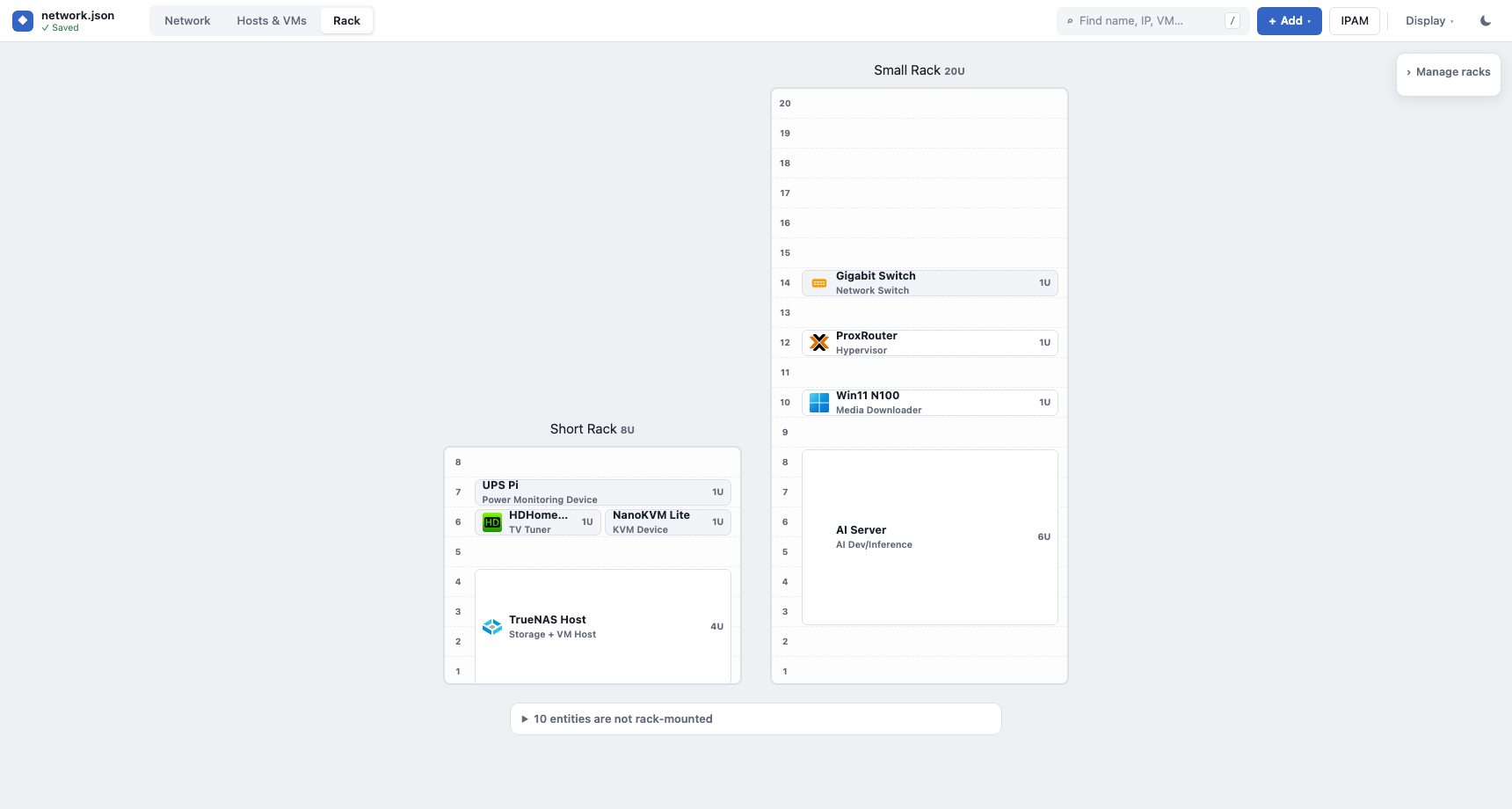 Open Network Diagram rack view with shelf items